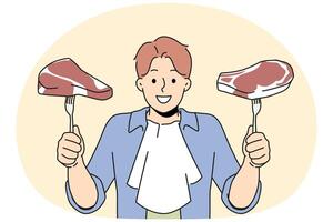 Smiling man with meat steaks in hands vector