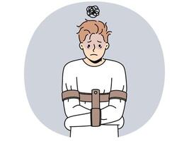 Unhappy man in straitjacket suffer from mental problems vector