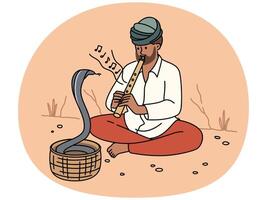 Man in turban play on flute for cobra vector