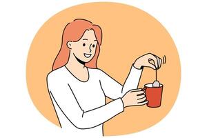 Smiling woman make tea in cup vector
