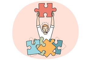 Man with jigsaw puzzles find solution vector