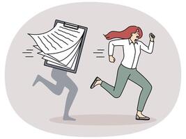 Stressed woman worker run from paperwork vector