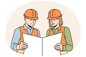 Smiling engineers study blueprint together vector