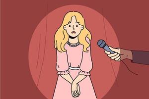 Little girl is afraid to speak in front of public, standing on stage near hands with microphone vector