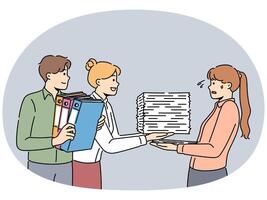 Smiling employees give paperwork to stressed worker vector