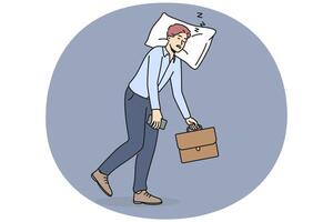 Exhausted businessman walk with head on pillow vector