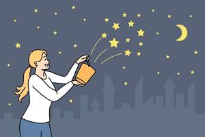 Woman pours stars into sky from yellow bucket, wanting to see beautiful night landscape vector