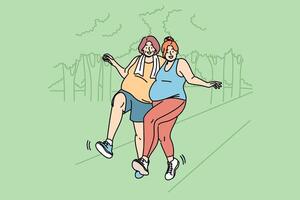 Two bigsize women run through park, doing sports to lose weight and improve well-being vector