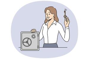Smiling businesswoman with key near strongbox vector