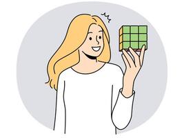 sonriente mujer sostener rubik cubo vector