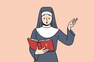 monja lee Biblia y levanta mano en sorpresa después aprendizaje historia de aparición de cristiandad vector