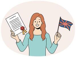 Smiling woman with certificate and flag in hands vector