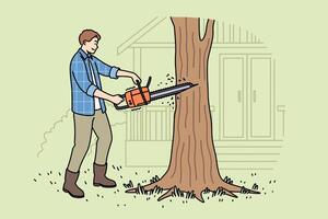 Man lumberjack uses chainsaw to get rid of old, diseased tree growing near house vector