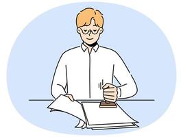 Male notary stamp documents in office vector