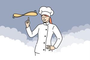 Woman chef cook prepares dough for pizza or delicious pie, stands among clouds of flour vector