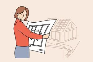 Woman architect creates engineering plans and models of houses, working in construction office vector