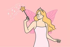 Fairy woman with wings behind back and magic wand performs magic, dressed in dress and crown vector