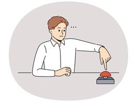 Man sit at table press red button vector