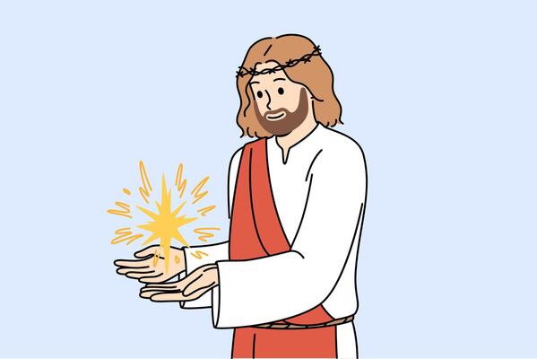 Jesus demonstrates miracle after second coming, dressed in crown of thorns and ancient vestments
