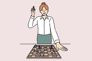 Business woman stands near chessboard, talking about importance of strategic planning and skills vector