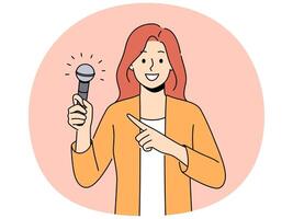 Smiling woman point at microphone in hands vector