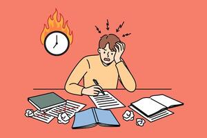 Excited man student is writing thesis and panicking because of deadline, sitting near burning clock vector