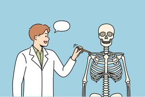 Man teacher at medical college, talks about structure of human skeleton, and teaches future doctors vector