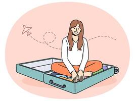 Smiling woman sit in suitcase excited about vacation vector