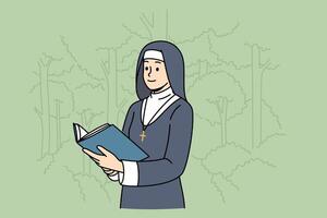 Woman nun with holy book stands in park, dressed in cassock for religious service in temple vector