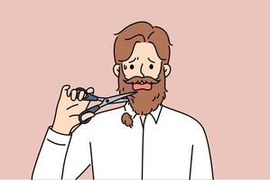 Man cuts off own beard with scissors because of appearance requirements at new job vector