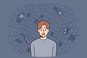 Depressed man screams during panic attack or hallucination, standing among collapsing puzzle vector