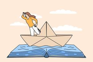 Woman bookworm fantasizes about sailing on ocean, standing in ship floating on book made of water vector