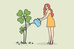 Woman waters yarrow clover growing from ground in preparation for st. Patrick day celebrations vector