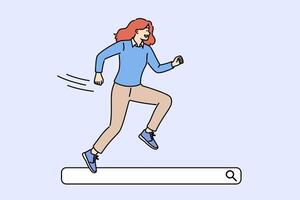 Woman runs through search bar, smiling, looking for useful information on internet vector