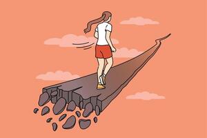 Woman runs along crumbling path, for concept of overcoming problems and escaping from crisis vector