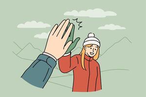 Woman tourist gives five to friend hiking in mountains to explore new picturesque places vector