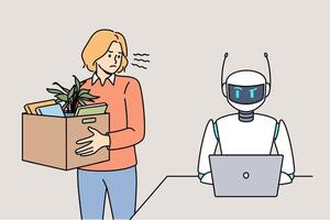 Woman fired due to robotization business processes stands with dismissal box near robot with laptop vector