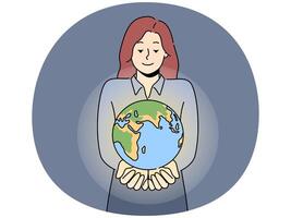 Smiling woman with planet earth in hands vector