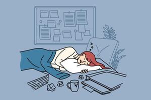 cansado mujer de negocios duerme en oficina escritorio entre documentos y Kanban junta, debido a estricto plazos vector