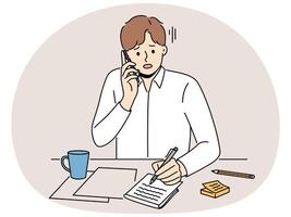 Upset man talk on phone making notes vector