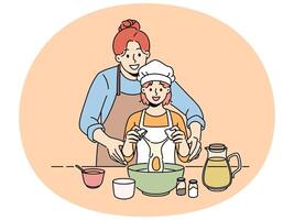 sonriente madre cocinar juntos con pequeño hija vector