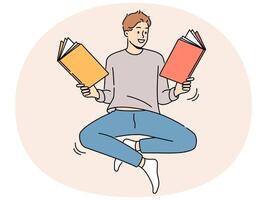 Smiling man floating in air reading books vector