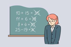 Upset schoolgirl stands near blackboard, sad because of mistakes in solving mathematical examples vector