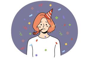 Unhappy woman in birthday hat celebrate birthday alone vector