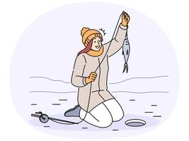 Smiling catch fish on winter river vector