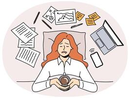 Tired woman lying in bed overwhelmed with work vector