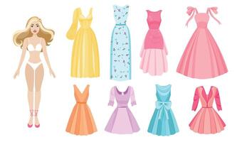 Fashion doll set with different colorful dresses vector