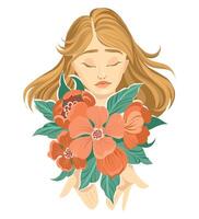 Inner peace concept, female holding flowers . Radiating harmony, balancing mind and soul. Floral Beauty. illustration. vector