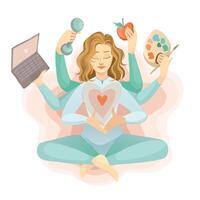 girl in lotus pose holds a heart, embodying balance. Four extra hands with a computer, weights, apple, and paint represent harmony in work, fitness, nutrition, and hobbies. illustration. vector