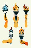 Hands collection with flaming torch. Burning torch flame in hand. Symbols of relay race, competition victory, champion or winner. hand draw illustration isolated on white. illustration vector